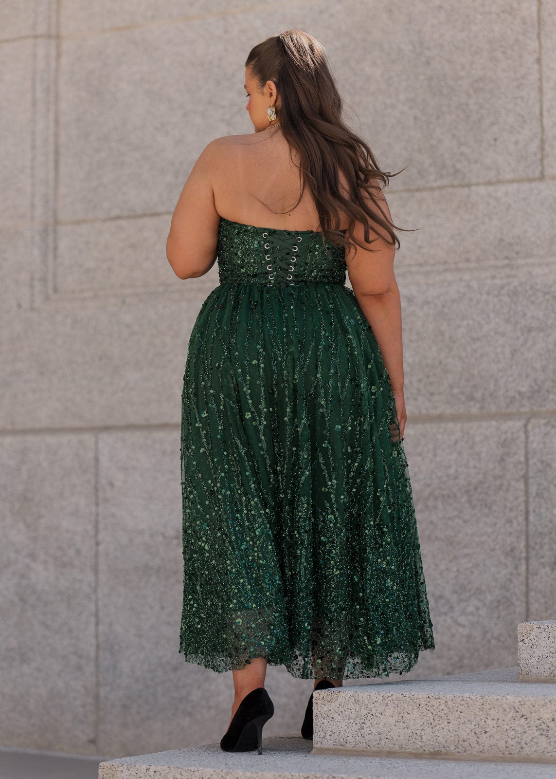 Elphie Sequin Corset Midi Dress – Green