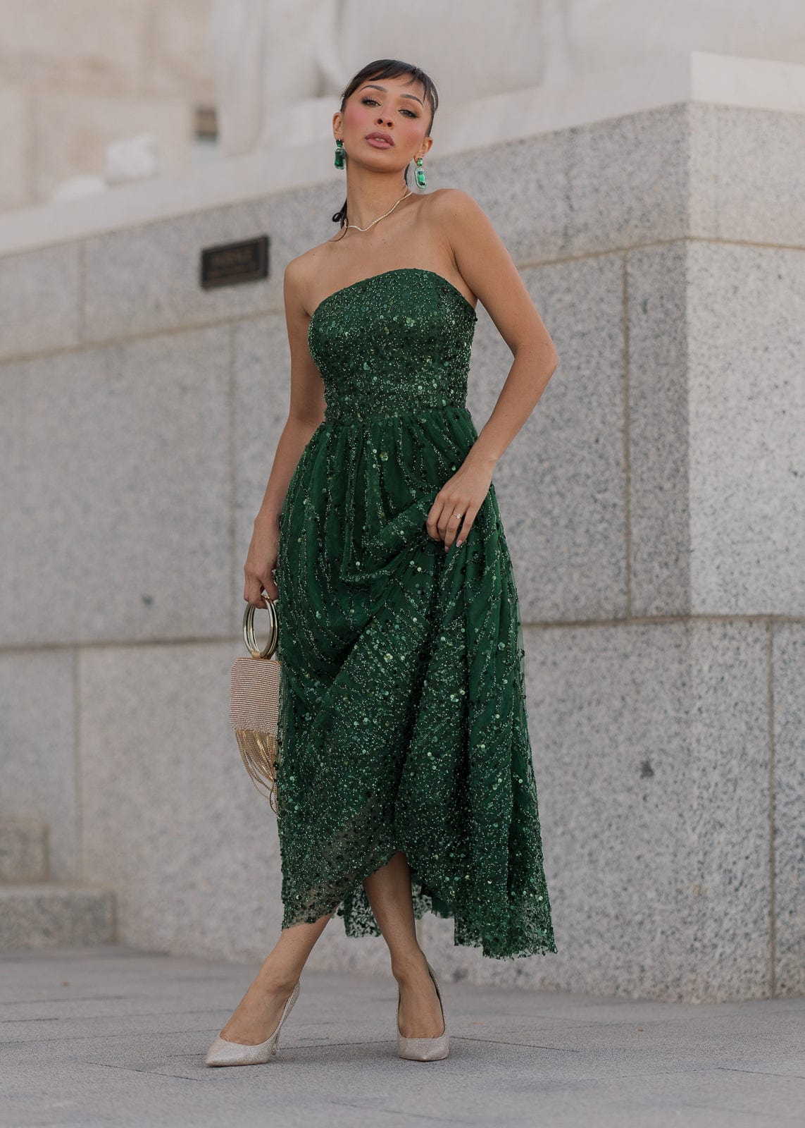 Elphie Sequin Corset Midi Dress – Green