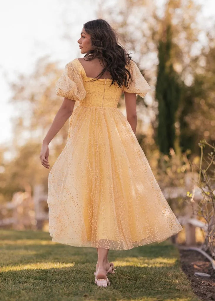 Everbloom Puff Sleeve Midi Dress – Yellow