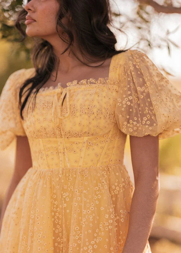Everbloom Puff Sleeve Midi Dress – Yellow