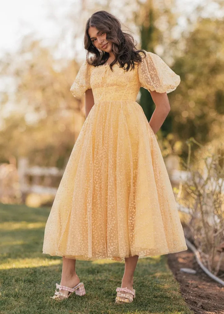Everbloom Puff Sleeve Midi Dress – Yellow