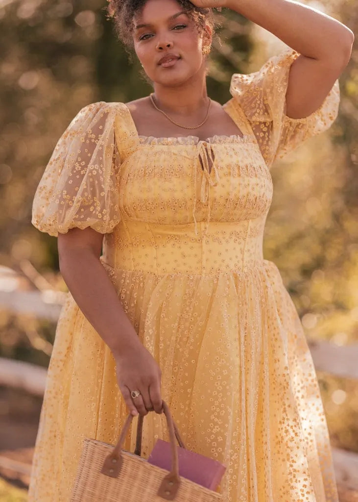 Everbloom Puff Sleeve Midi Dress – Yellow
