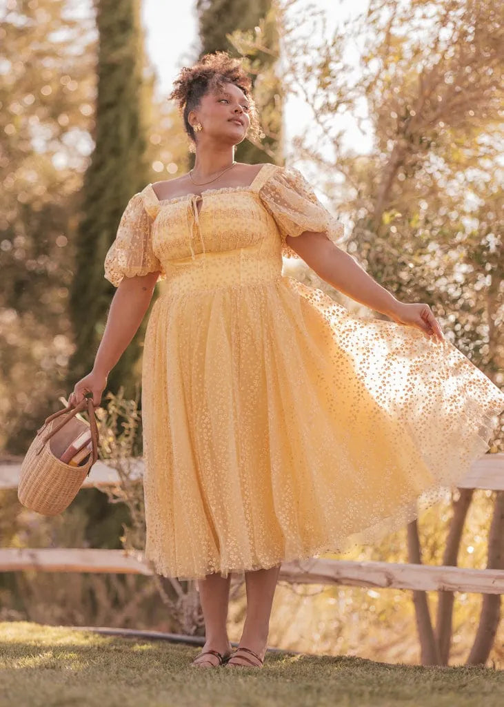 Everbloom Puff Sleeve Midi Dress – Yellow