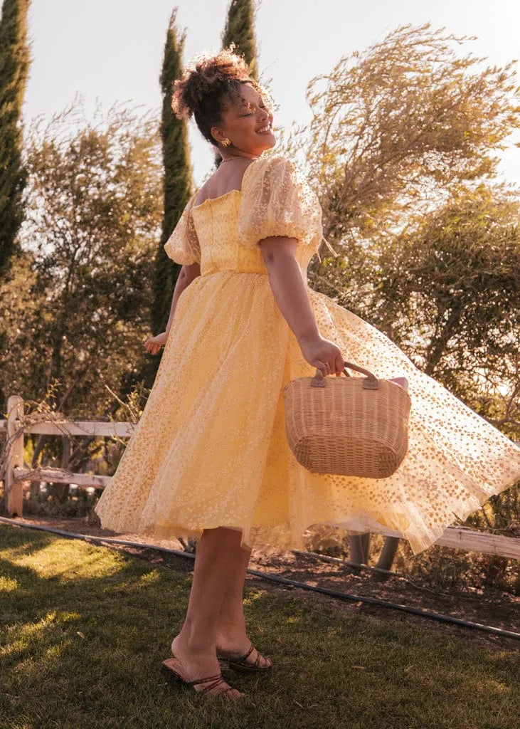 Everbloom Puff Sleeve Midi Dress – Yellow