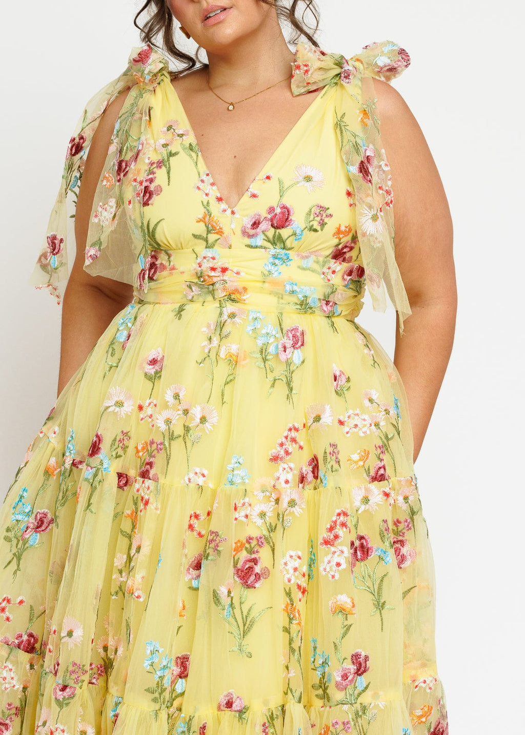 Margaret Floral Embroidered Midi Dress – Yellow Floral