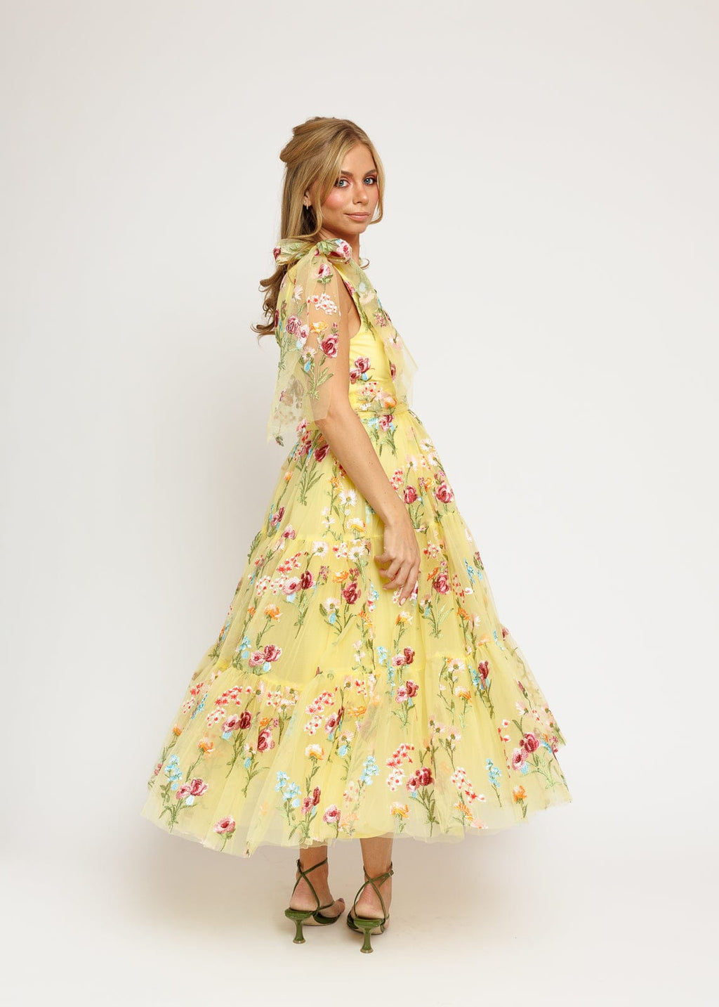 Margaret Floral Embroidered Midi Dress – Yellow Floral