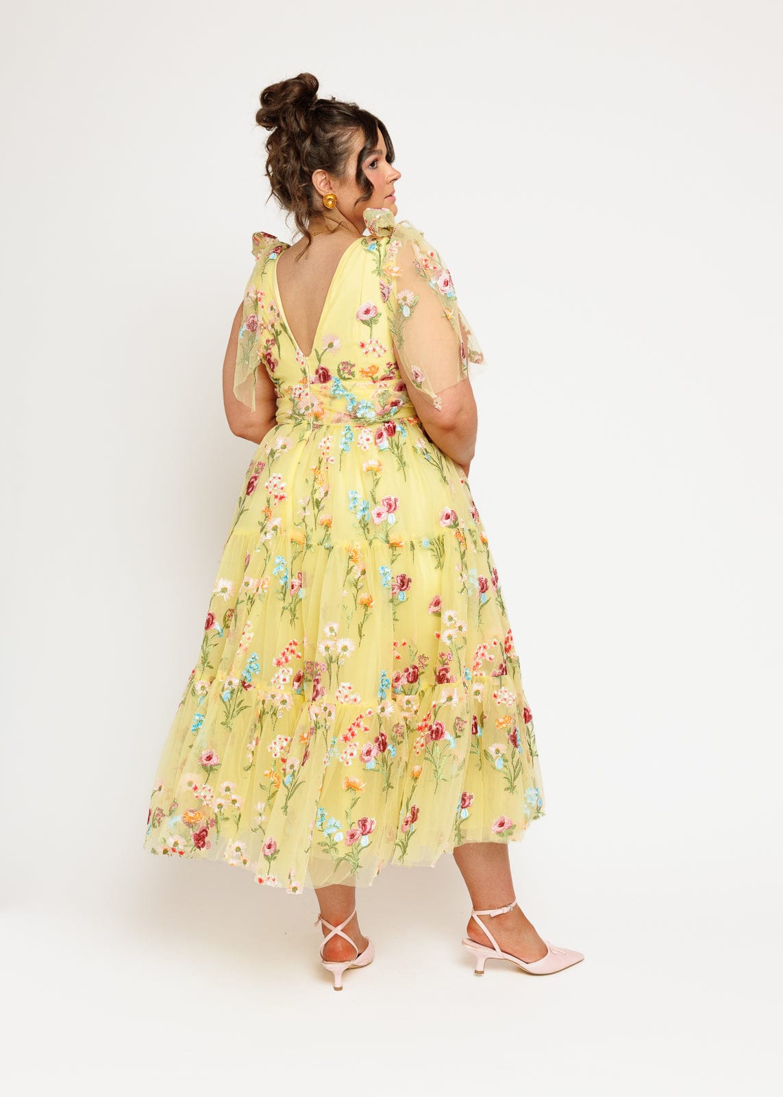 Margaret Floral Embroidered Midi Dress – Yellow Floral