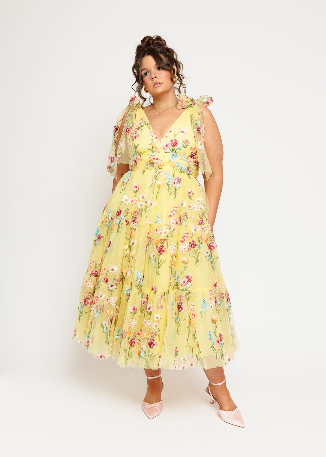 Margaret Floral Embroidered Midi Dress – Yellow Floral