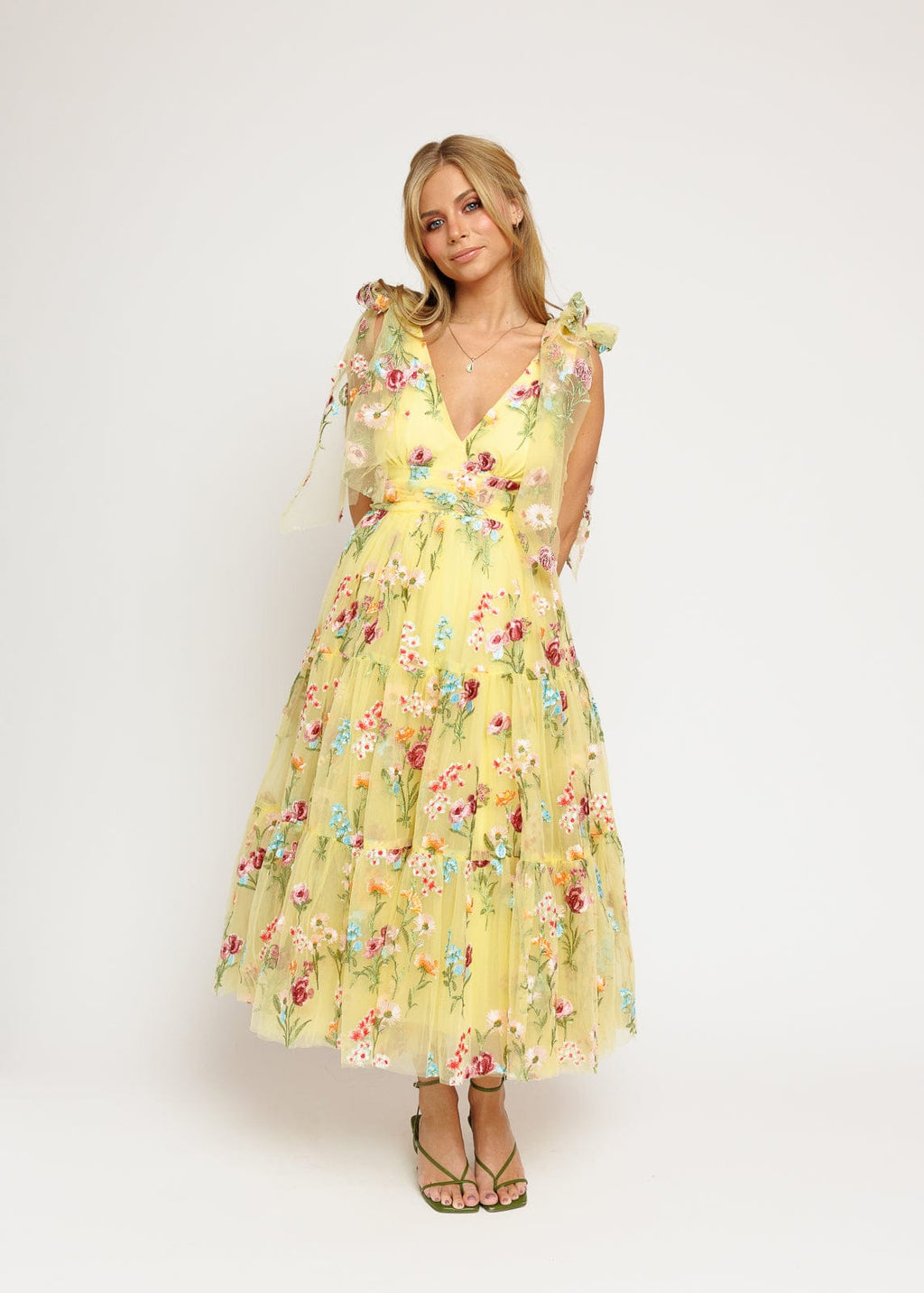 Margaret Floral Embroidered Midi Dress – Yellow Floral