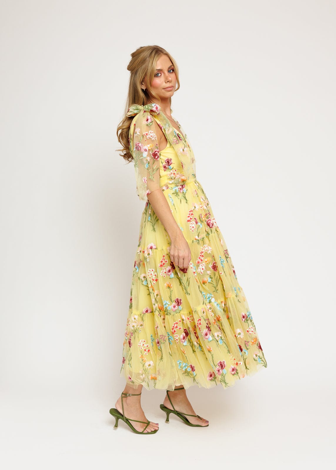 Margaret Floral Embroidered Midi Dress – Yellow Floral