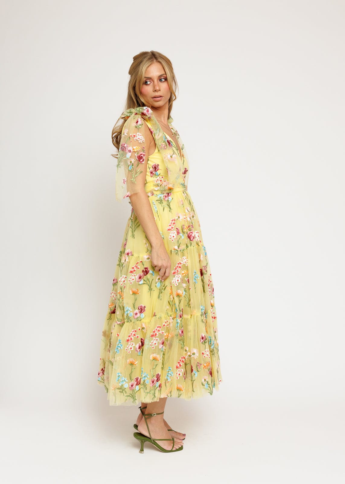 Margaret Floral Embroidered Midi Dress – Yellow Floral