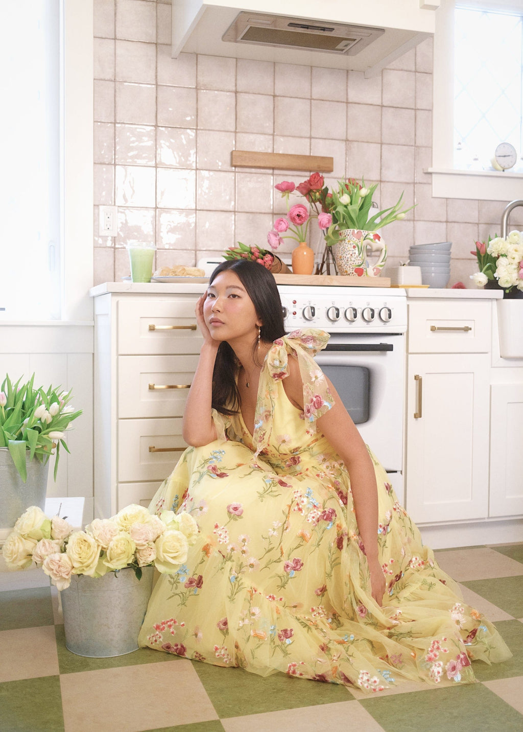 Margaret Floral Embroidered Midi Dress – Yellow Floral