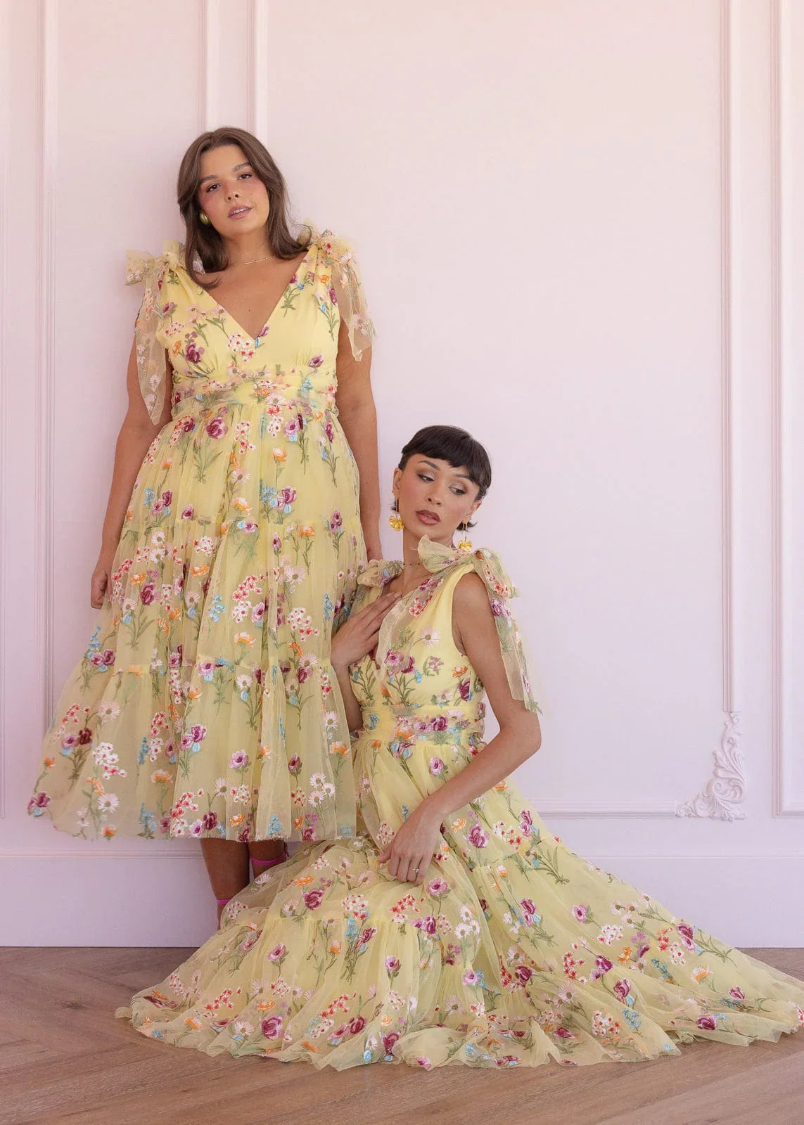 Margaret Floral Embroidered Midi Dress – Yellow Floral