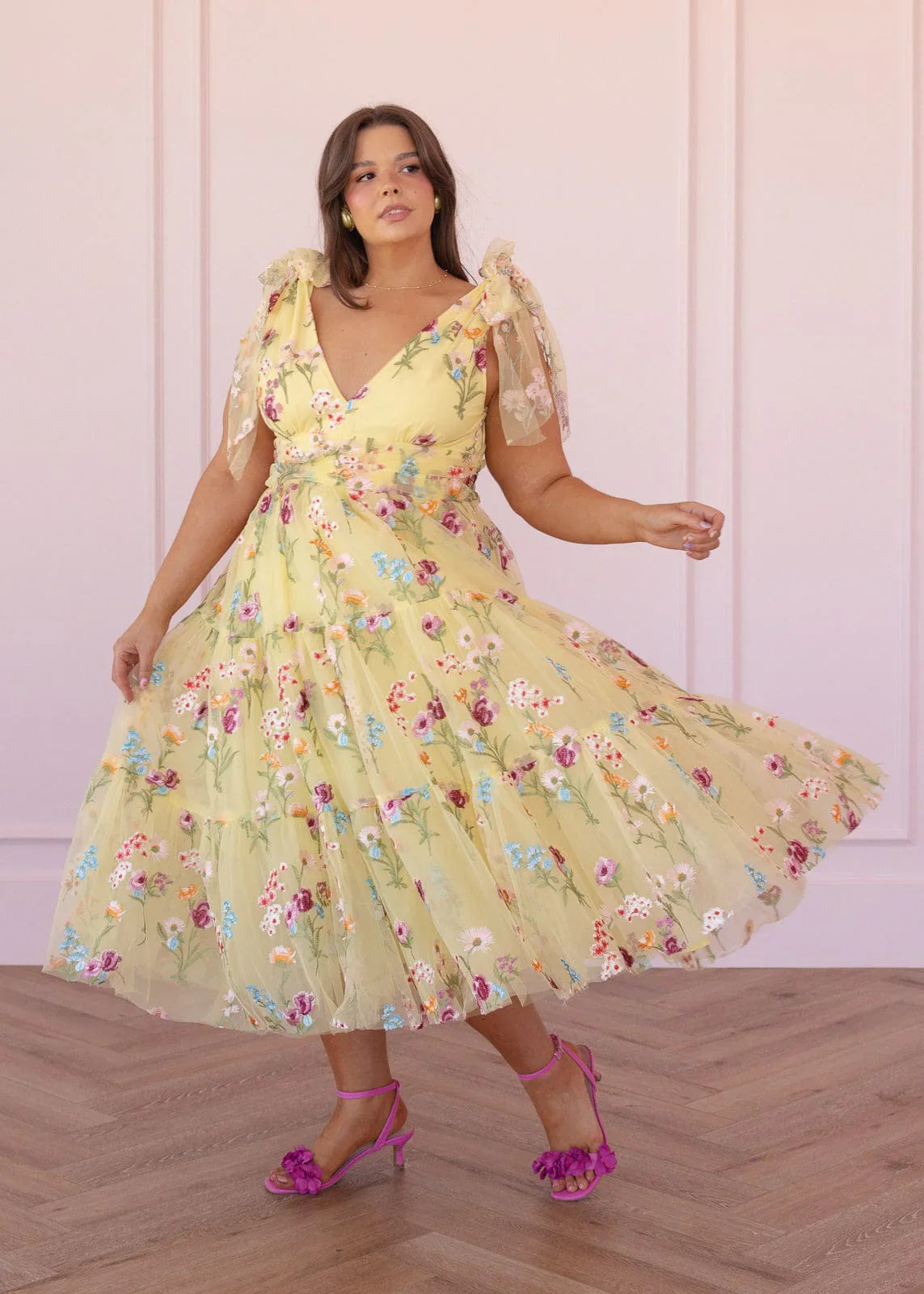 Margaret Floral Embroidered Midi Dress – Yellow Floral