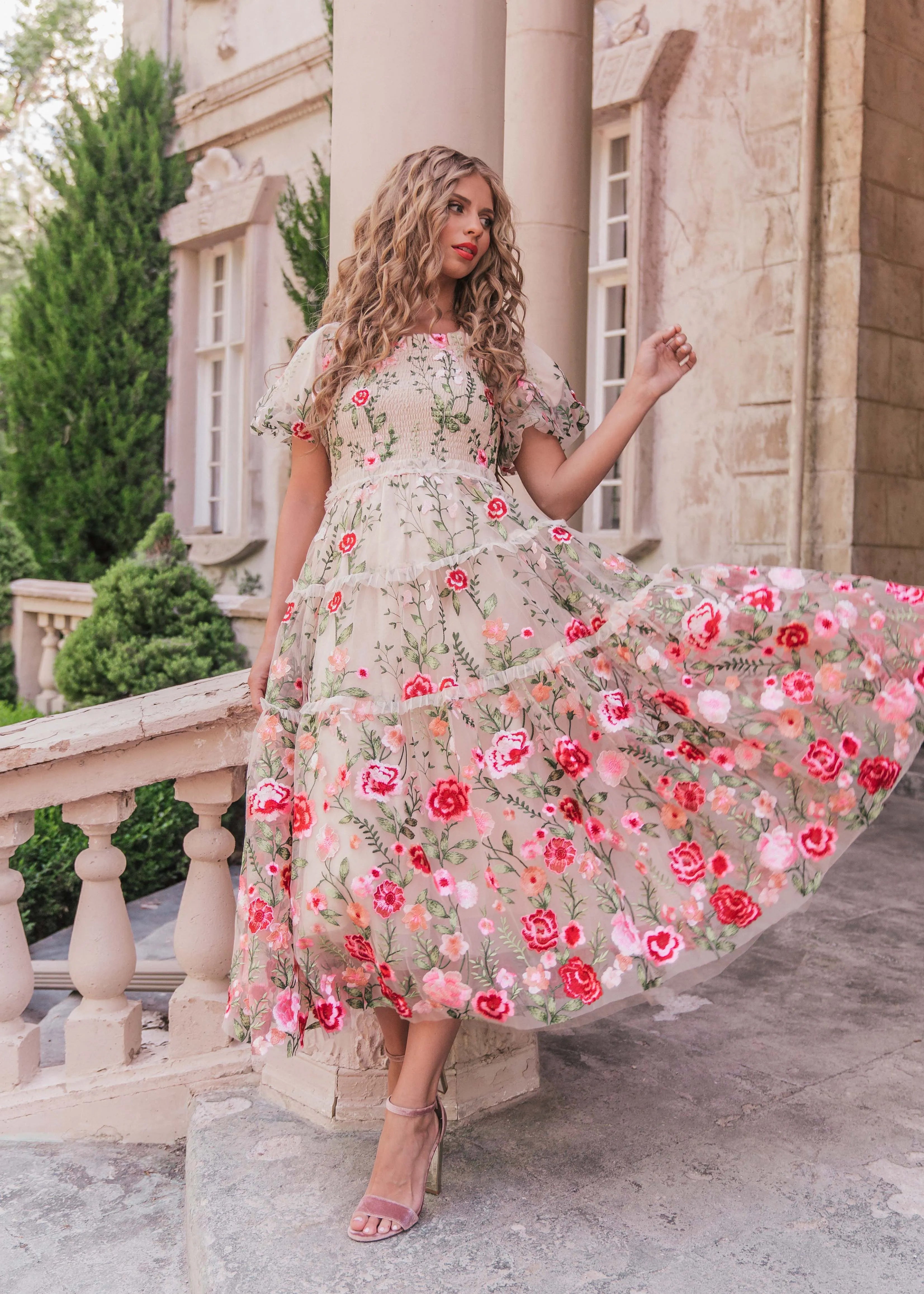 Rose Midi Dress – Cream Floral
