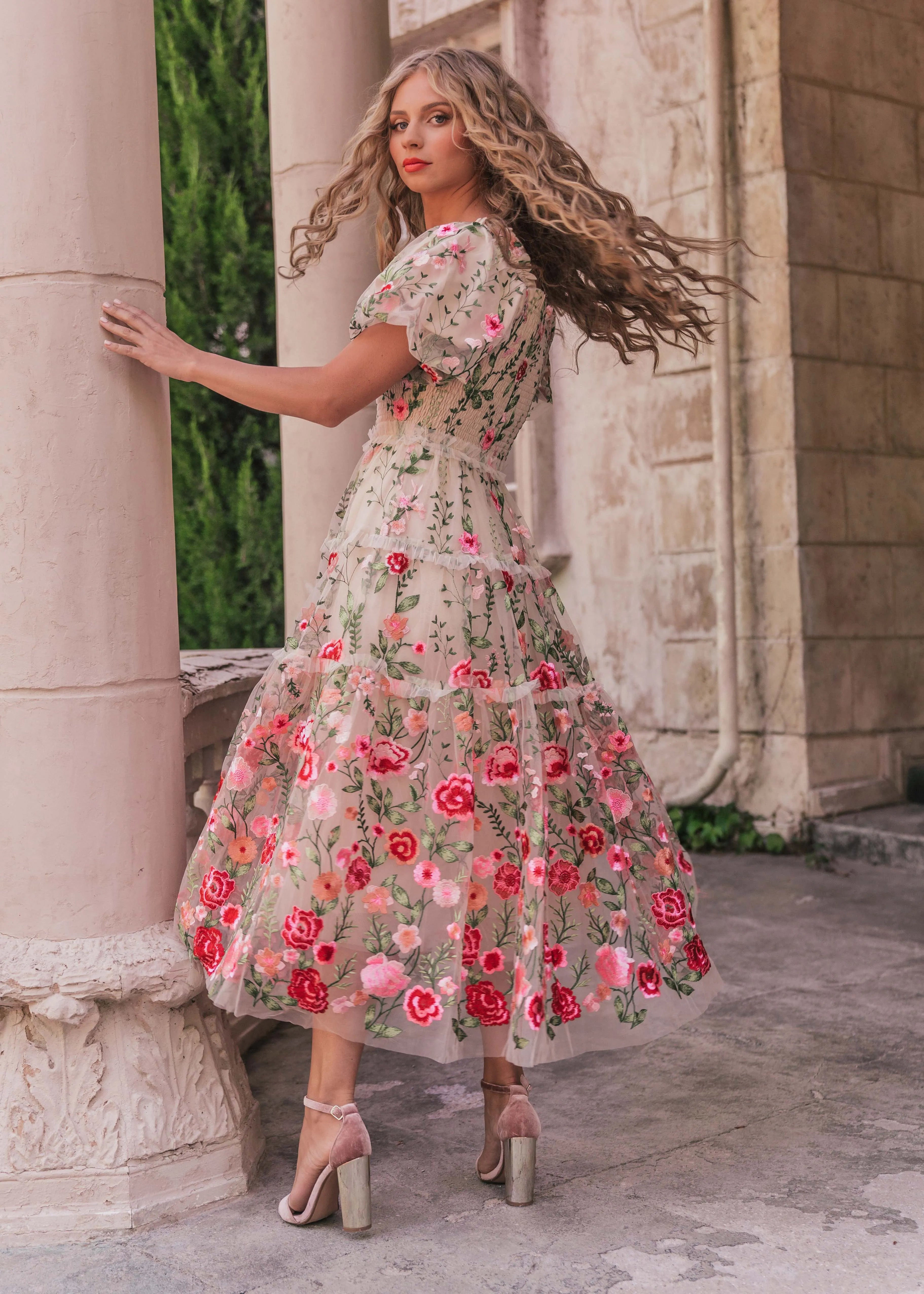 Rose Midi Dress – Cream Floral