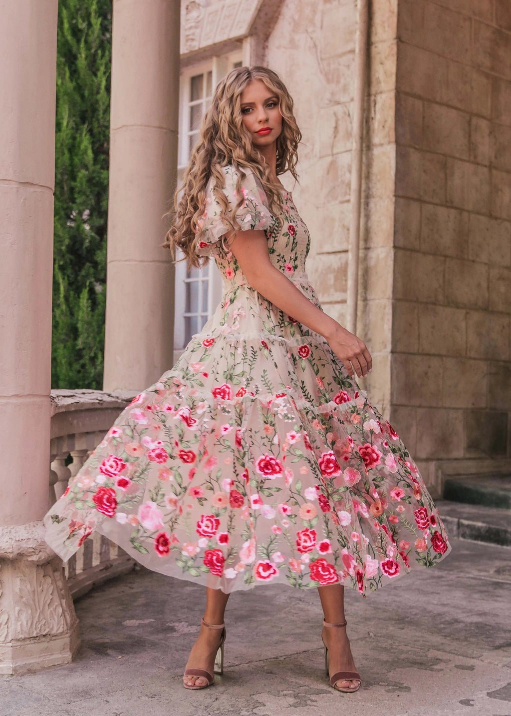 Rose Midi Dress – Cream Floral