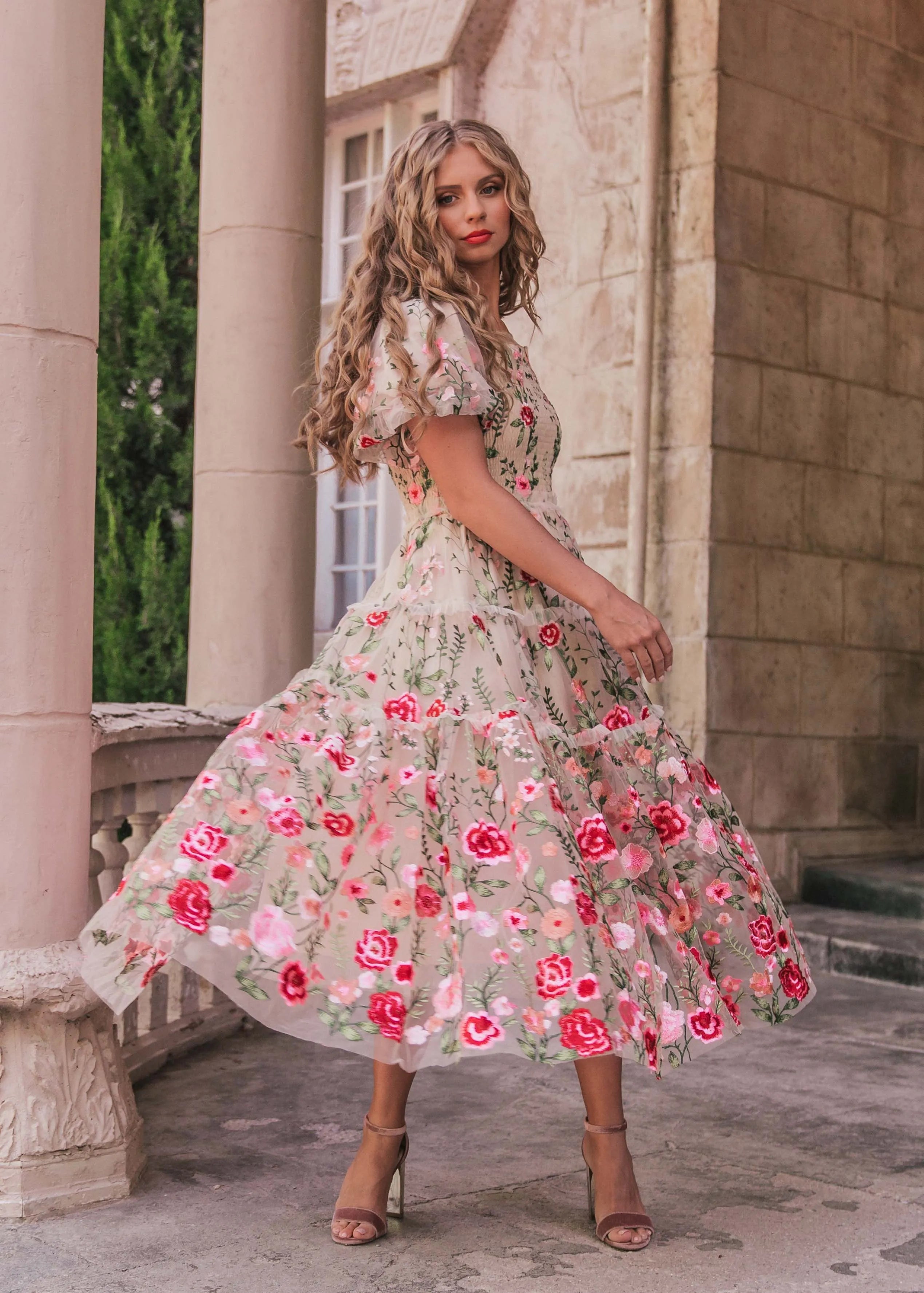 Rose Midi Dress – Cream Floral