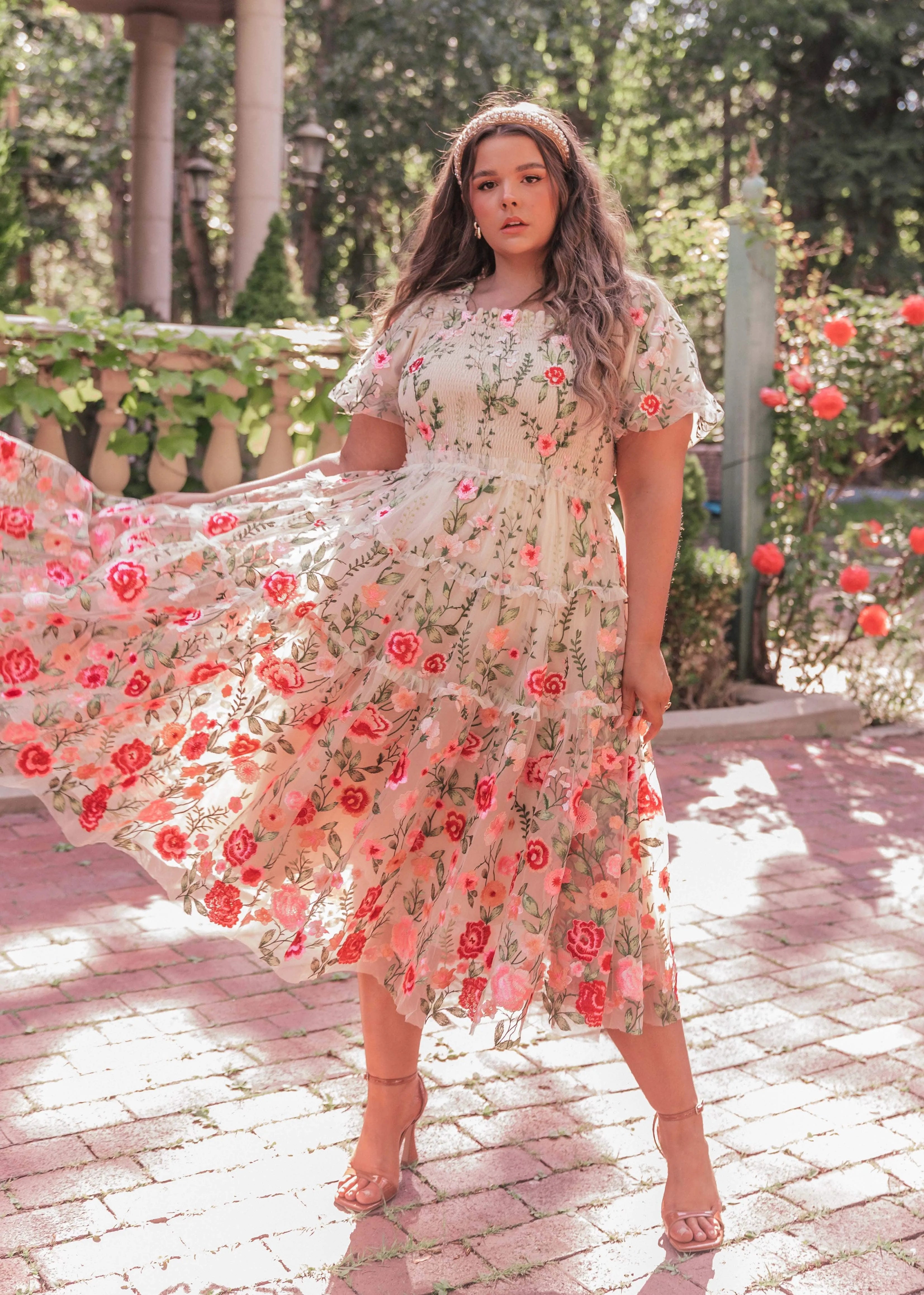 Rose Midi Dress – Cream Floral