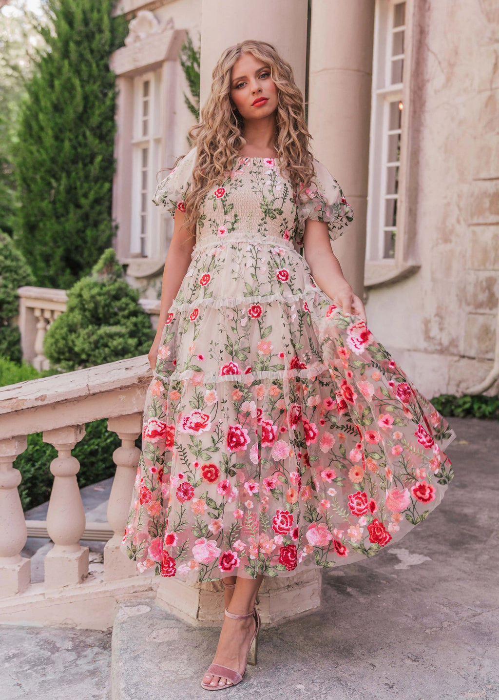 Rose Midi Dress – Cream Floral