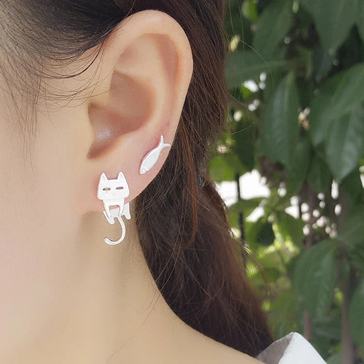 Cat & Fish Sterling Silver Earrings