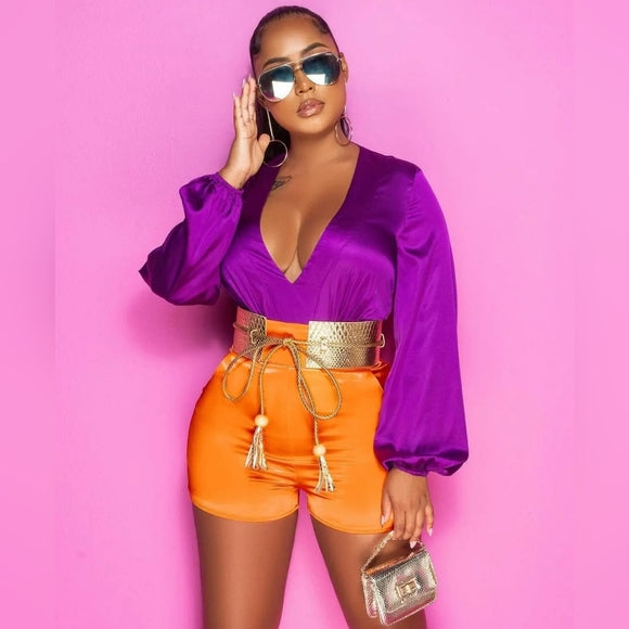 Two-Tone V-Neck Bubble Sleeve Romper