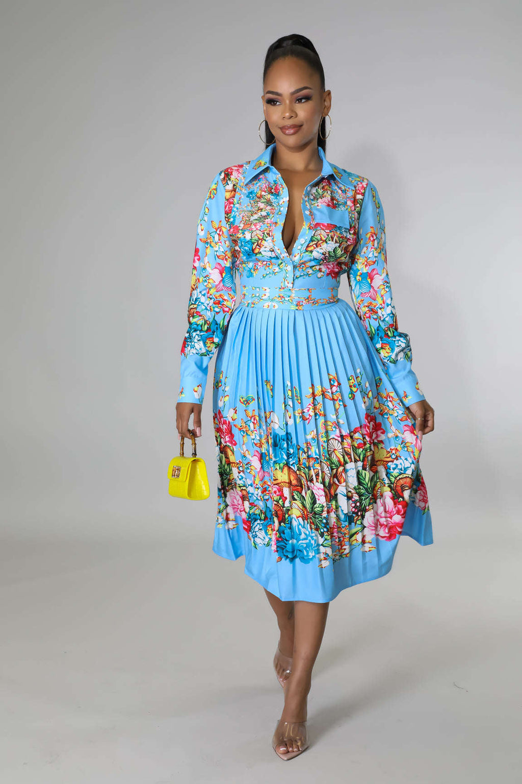 Pleated Print Collared Long-Sleeve Mid-Calf Dress