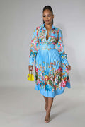 Pleated Print Collared Long-Sleeve Mid-Calf Dress