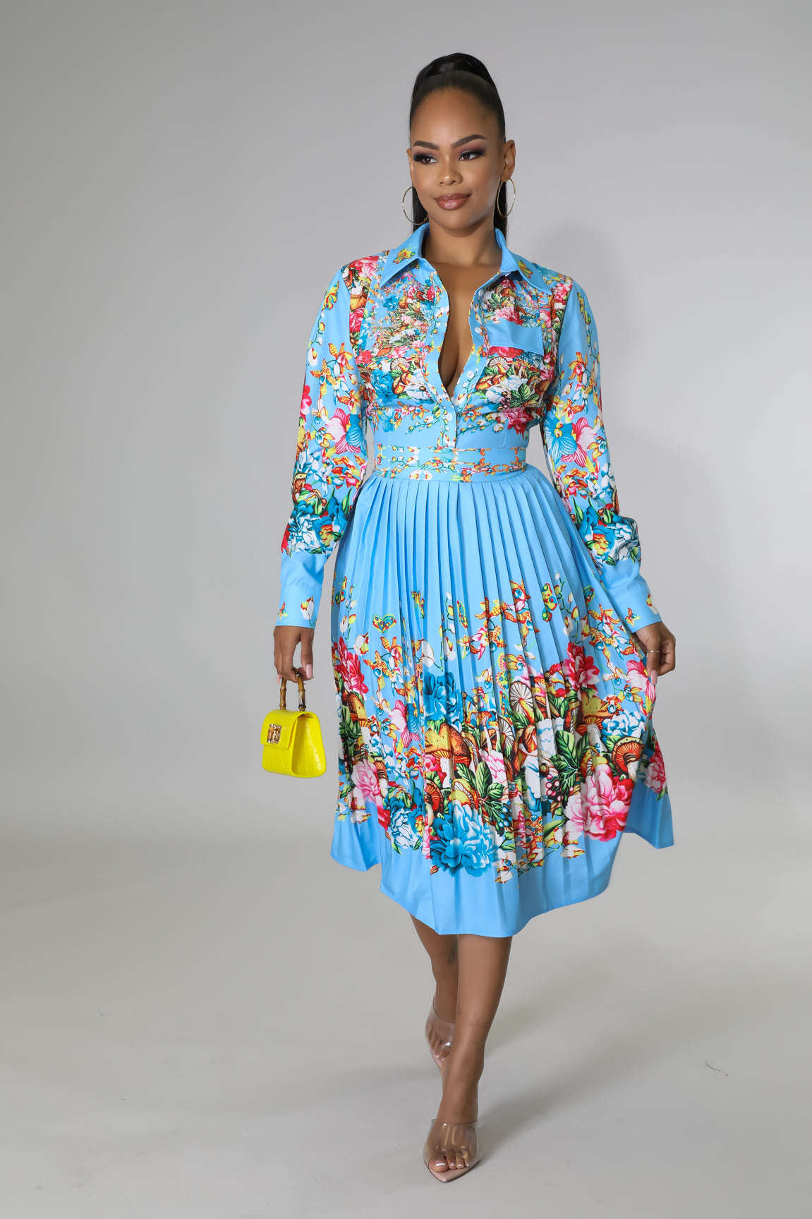 Pleated Print Collared Long-Sleeve Mid-Calf Dress