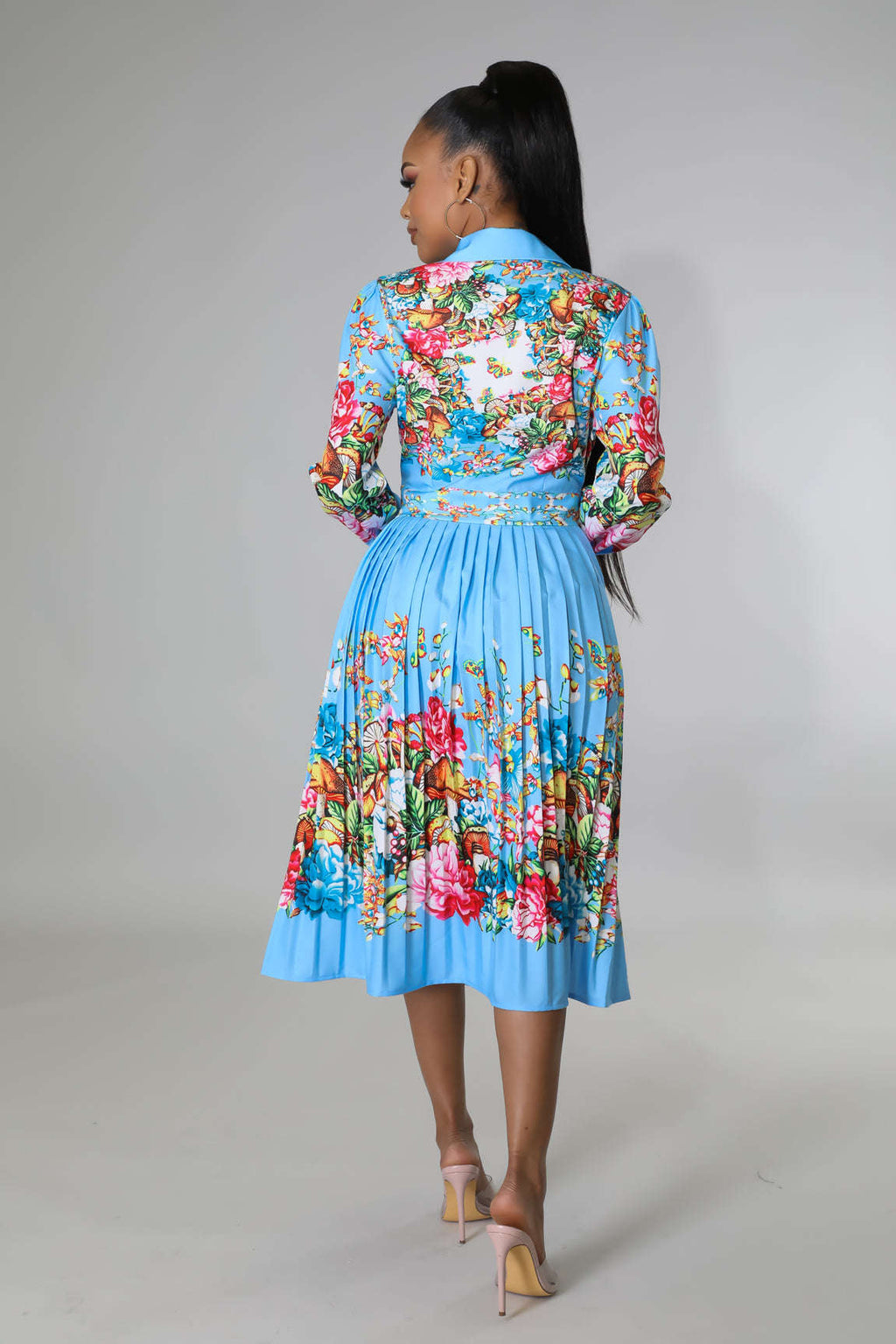 Pleated Print Collared Long-Sleeve Mid-Calf Dress