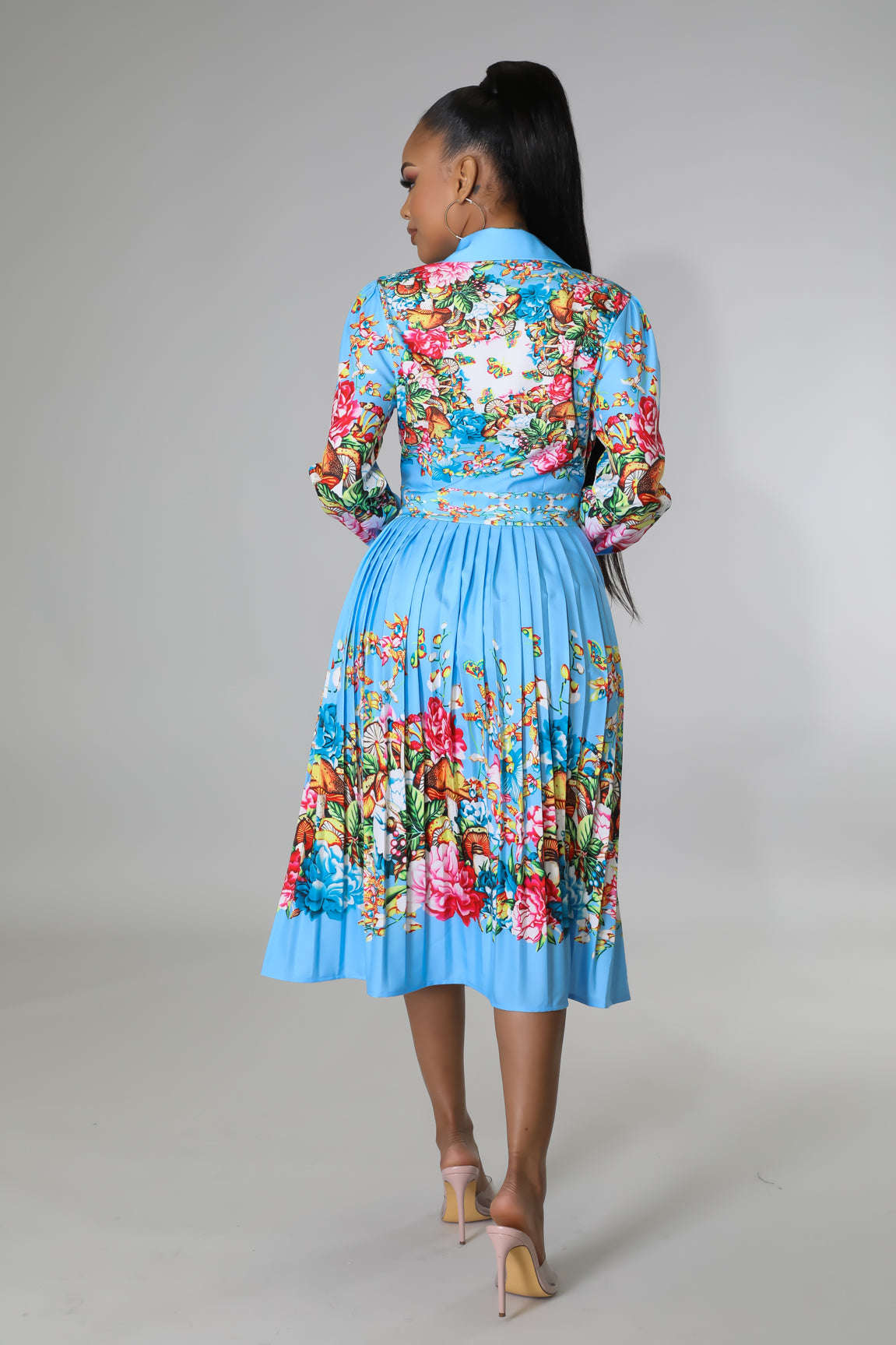 Pleated Print Collared Long-Sleeve Mid-Calf Dress