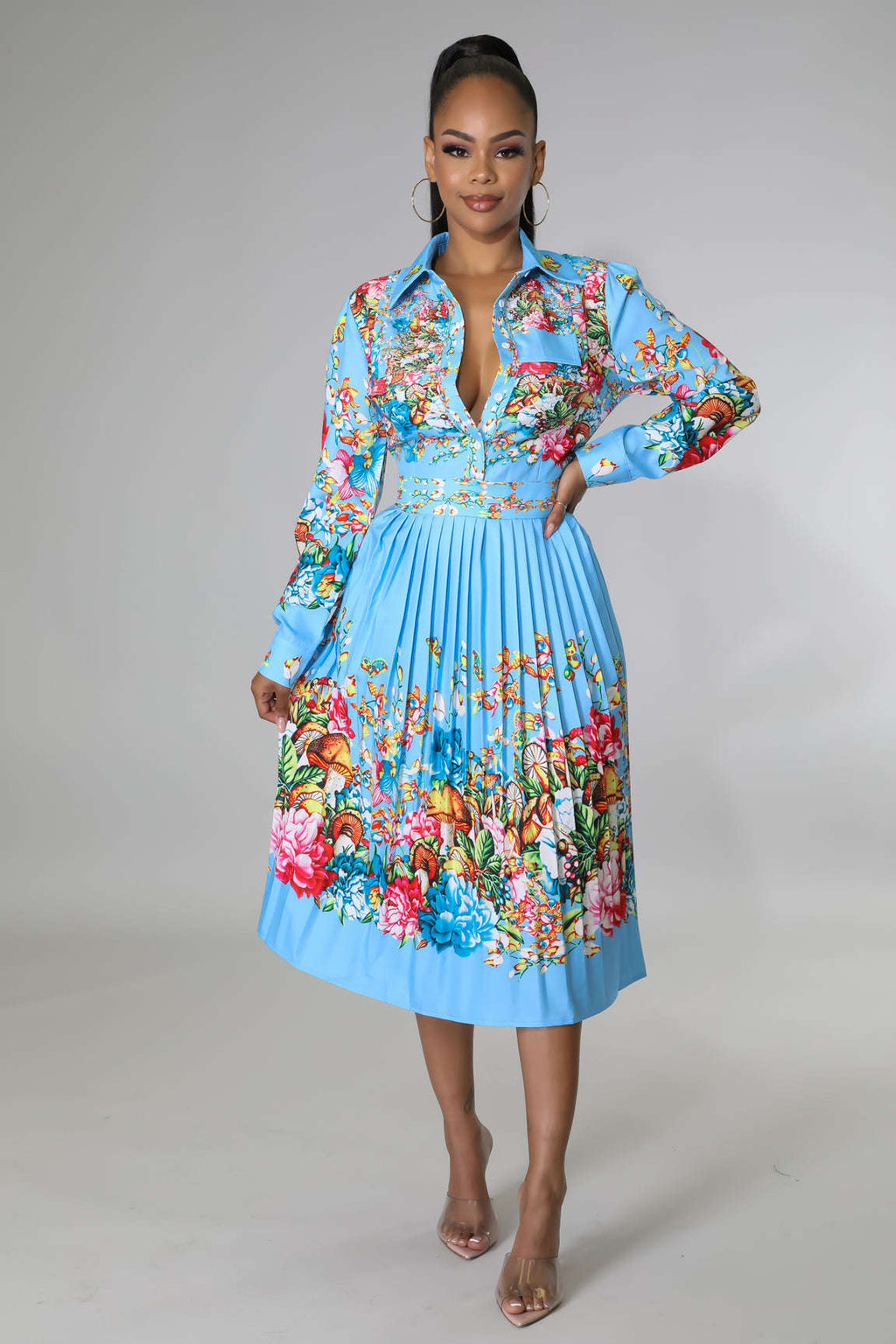 Pleated Print Collared Long-Sleeve Mid-Calf Dress