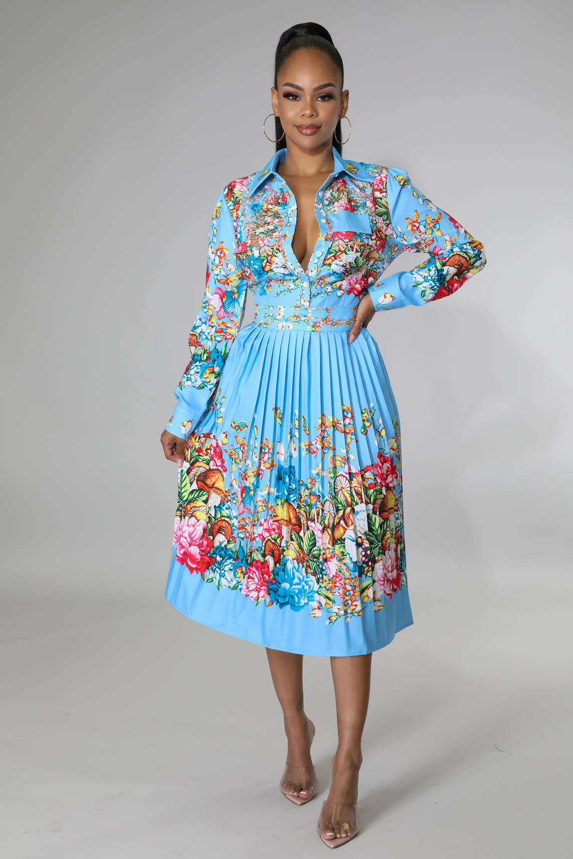 Pleated Print Collared Long-Sleeve Mid-Calf Dress