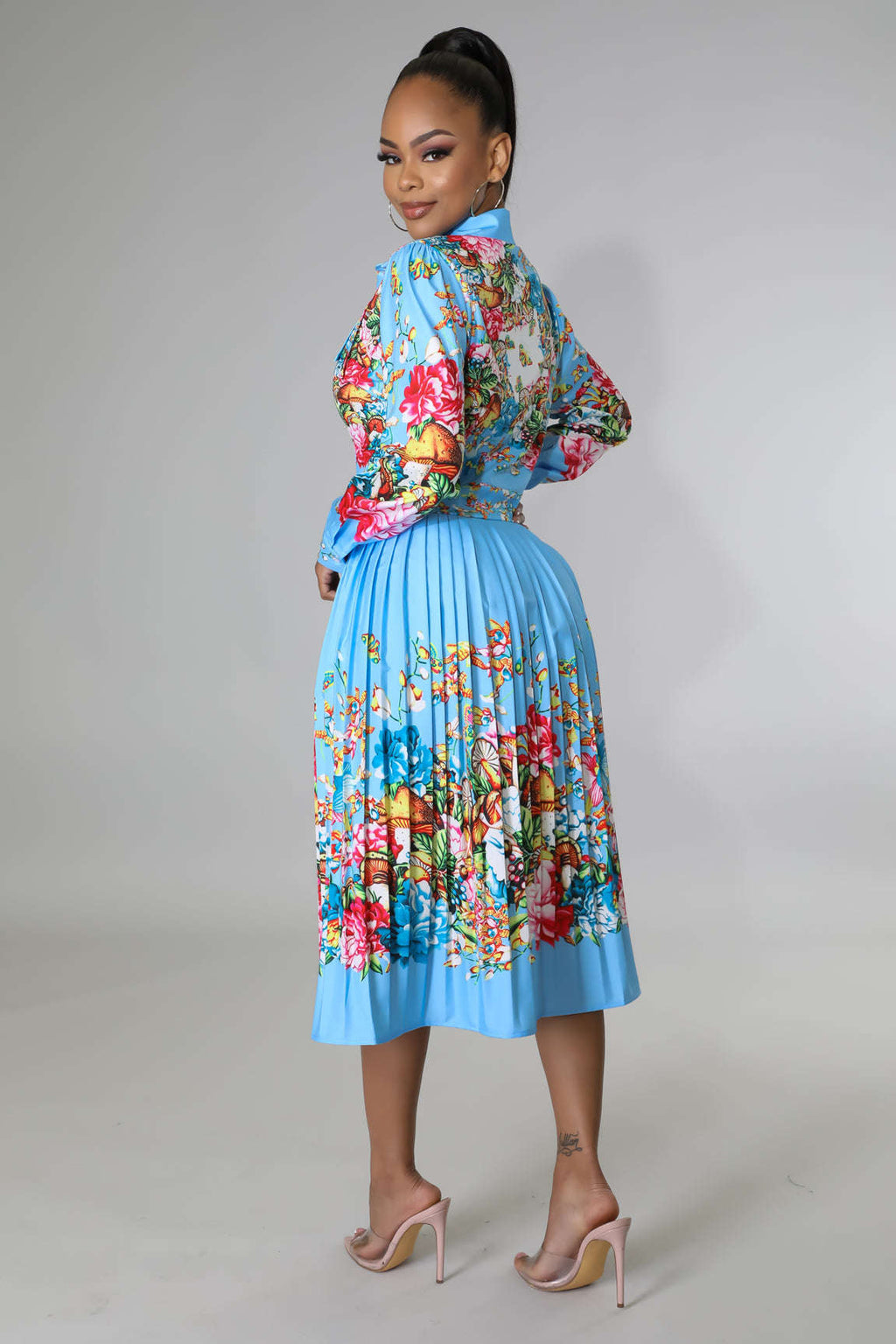 Pleated Print Collared Long-Sleeve Mid-Calf Dress