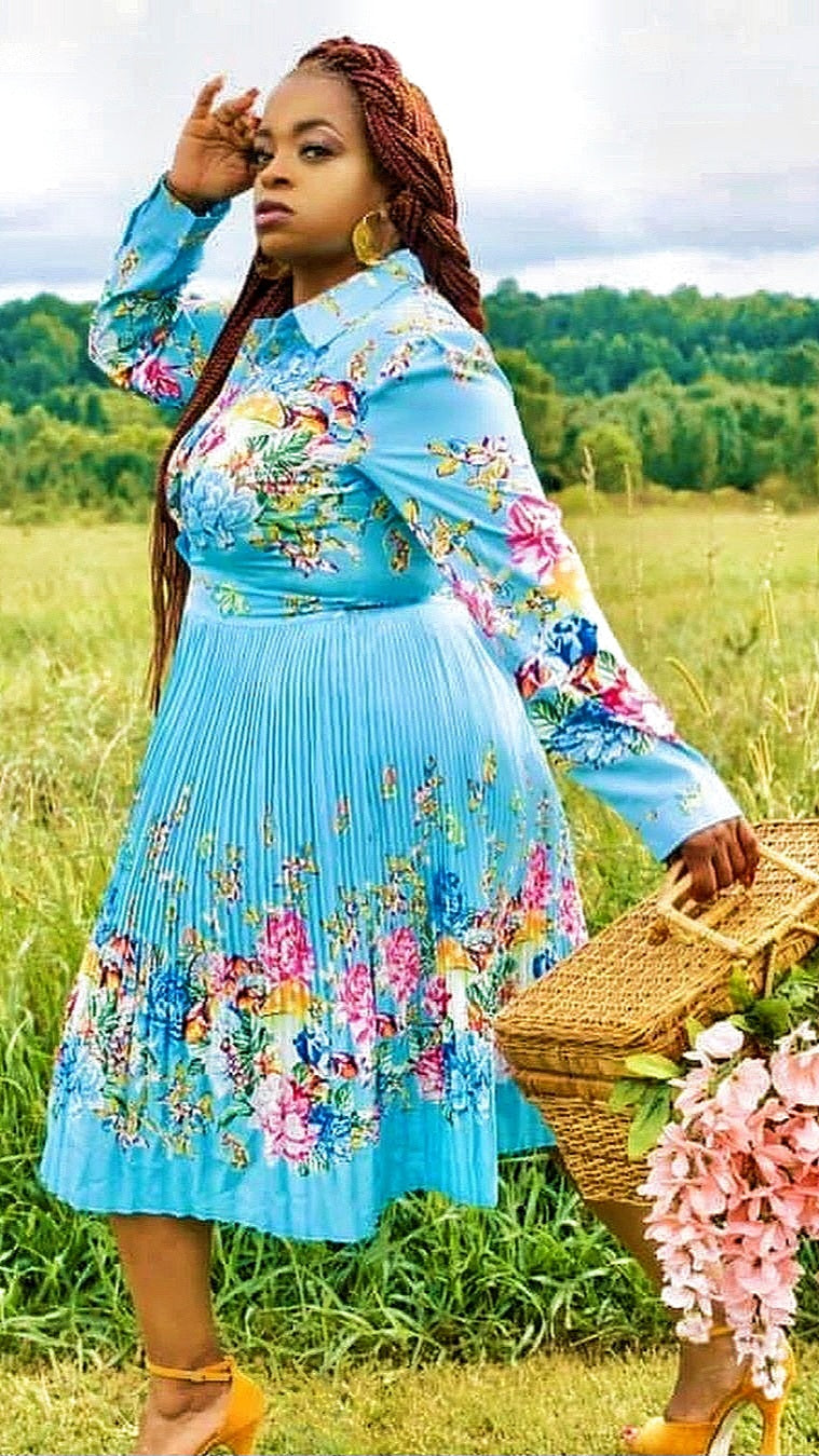 Pleated Print Collared Long-Sleeve Mid-Calf Dress