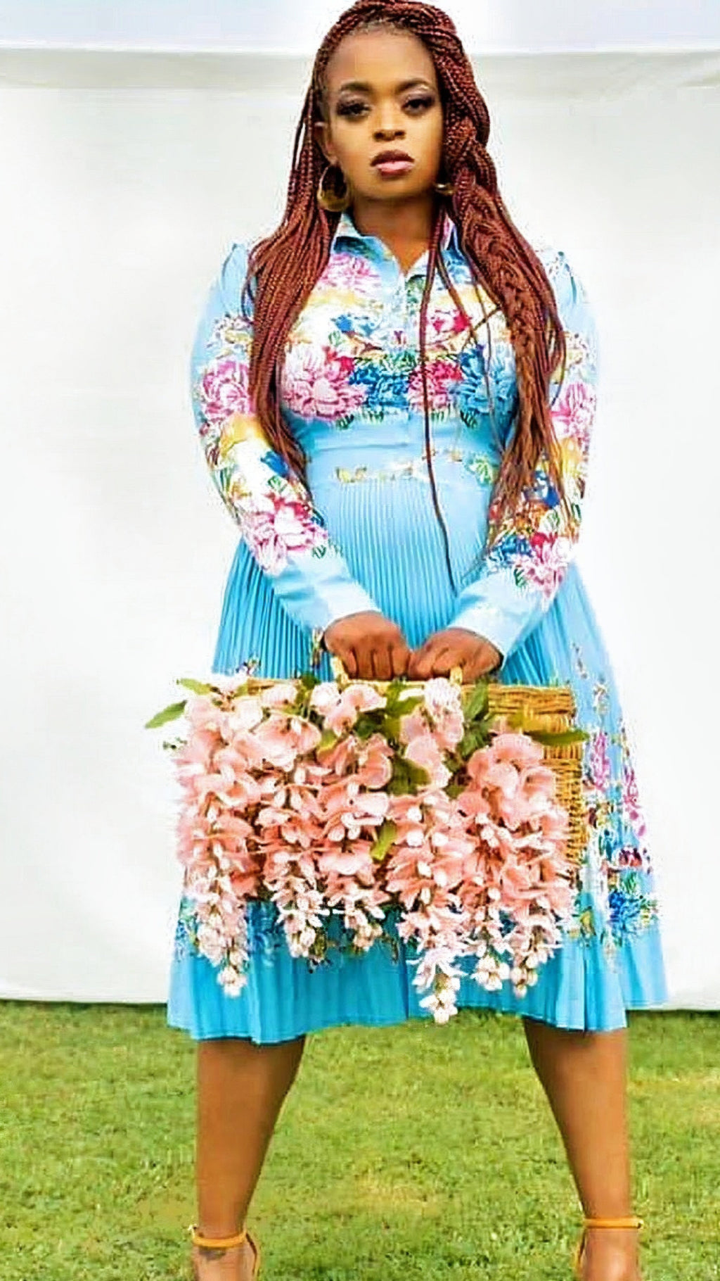 Pleated Print Collared Long-Sleeve Mid-Calf Dress